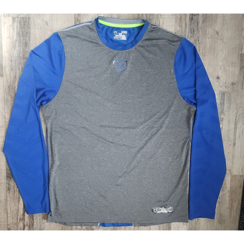 Under Armour Baseball Shirt Mens XL Grey Blue HeatGear Long Sleeve Training